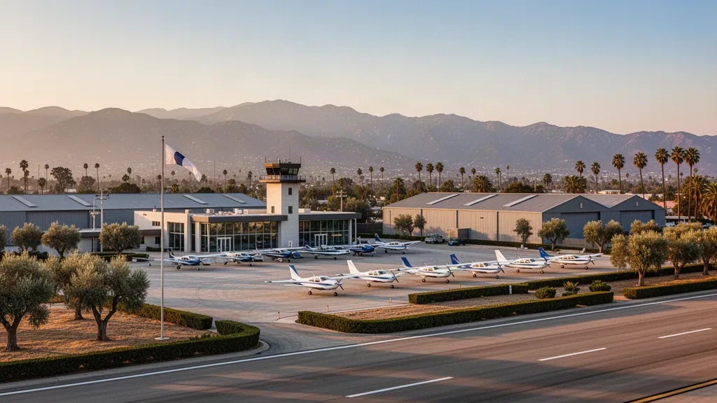 General aviation terminal, hangars and parked light aircraft at San Gabriel Valley Airport in El Monte, California, at golden hour