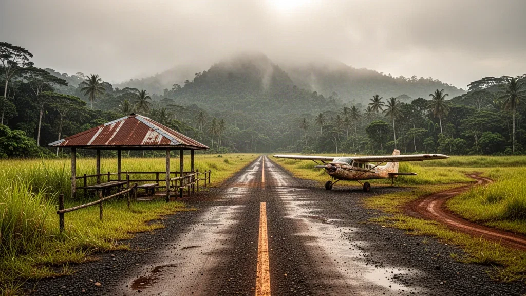 Pista de aterrizaje tropical remota en el aeropuerto de Embessa, en Papúa Nueva Guinea, rodeada de selva tropical, colinas brumosas y una suave luz matinal.