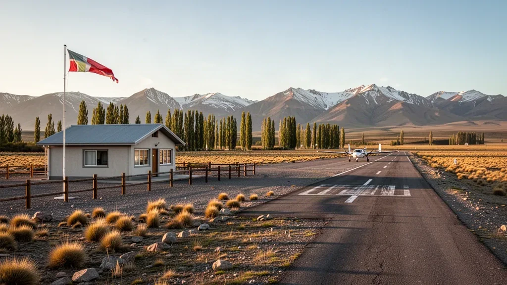 Arjantin'in Chubut kentindeki El Maitén Havalimanı'nda bozkır ve uzaktaki And Dağları ile çevrili, altın saatlerde küçük Patagonya havaalanı terminali ve pisti.