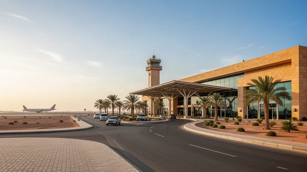 Exterior de la terminal moderna del aeropuerto de El Minya en Egipto, con fachada de cristal, palmeras y vía de acceso a la hora dorada.