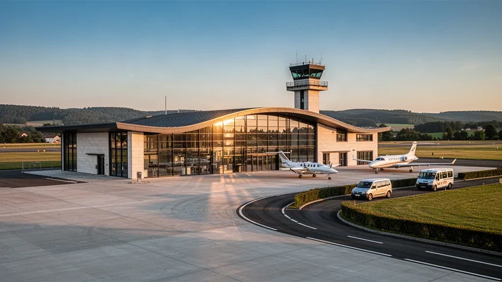 Modern glass terminal exterior at Nancy-Essey Airport in Tomblaine, France, seen at golden hour with apron and curved drop-off lane