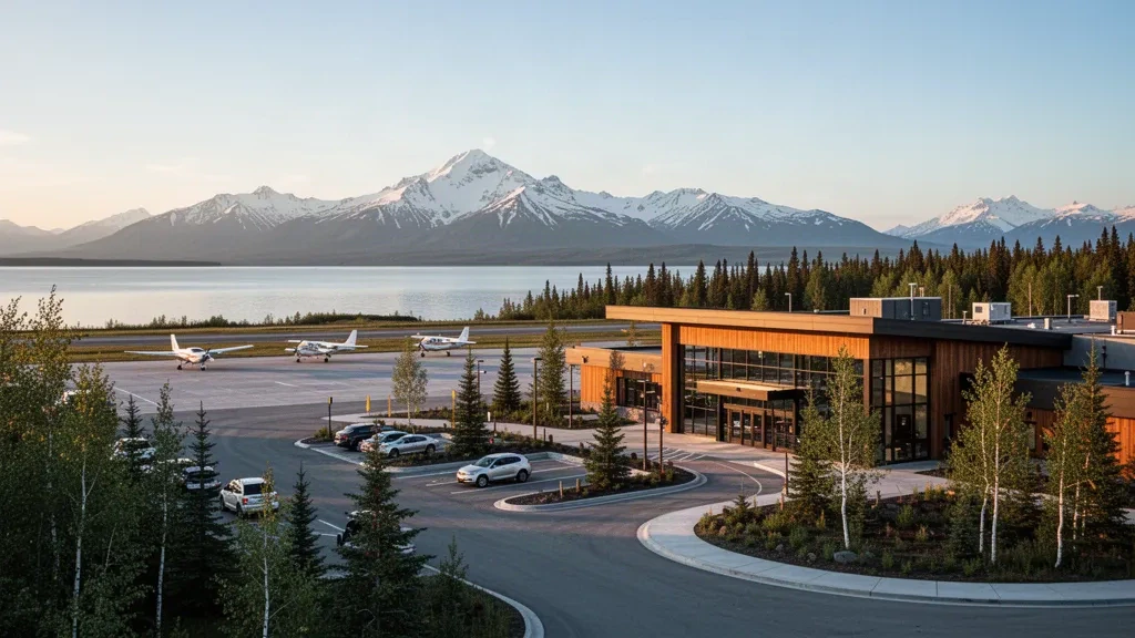 Extérieur du terminal de l'aéroport municipal de Kenai en Alaska à l'heure dorée avec vue sur les montagnes, route d'accès et voies de dépose