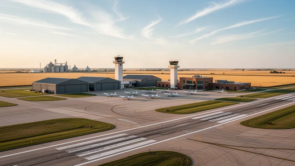Hora dorada sobre la Base de la Fuerza Aérea Vance cerca de Enid, Oklahoma, con pistas, hangares y una torre de control en las llanuras abiertas.