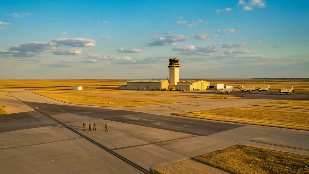 Aérodrome de la base aérienne de Vance à Enid, en Oklahoma, avec piste, tour de contrôle, hangars et avions d'entraînement sous un ciel dégagé.