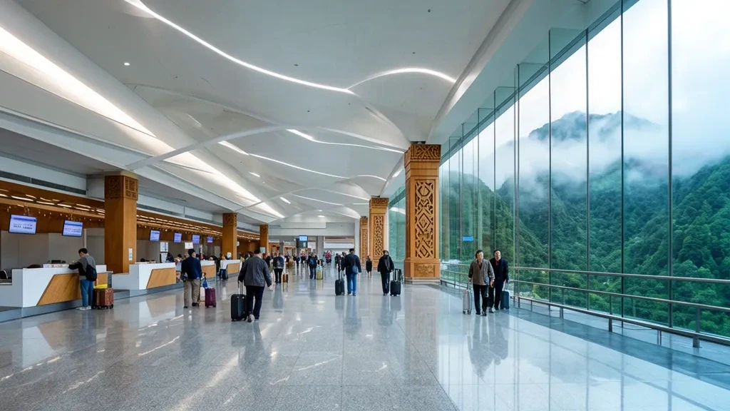 Travelers with luggage in the bright departure hall of Enshi Xujiaping Airport, with green mountains visible through the terminal windows