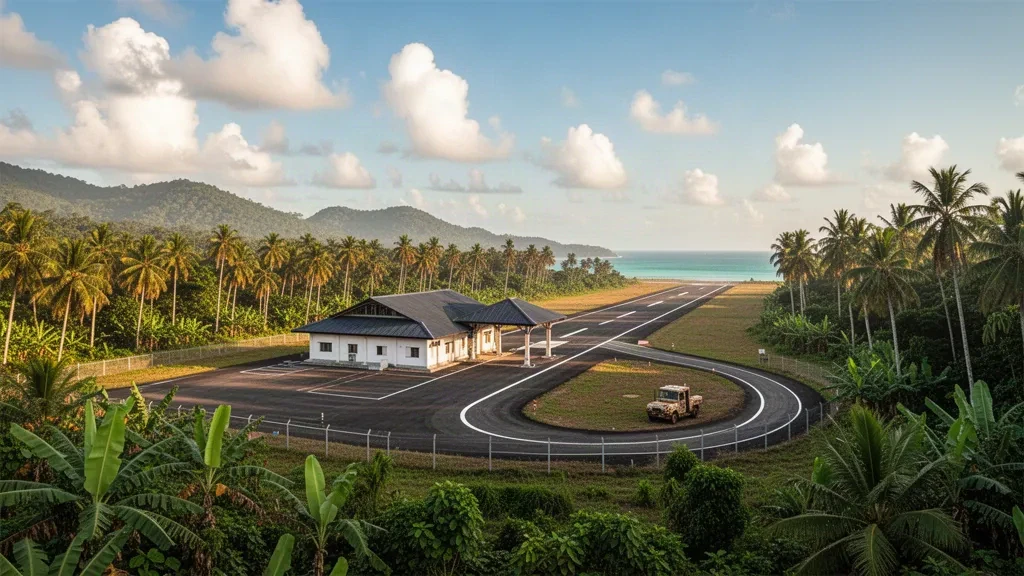 Piccolo terminal aeroportuale su un'isola tropicale e pista corta sull'isola remota di Enggano, in Indonesia, circondati da palmeti, colline verdi e cielo aperto.