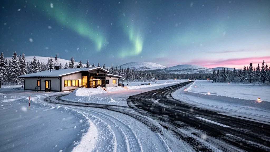 Terminal artico innevato e pista sgomberata dall'aeroporto di Enontekiö nella Lapponia finlandese durante il crepuscolo invernale dell'ora blu