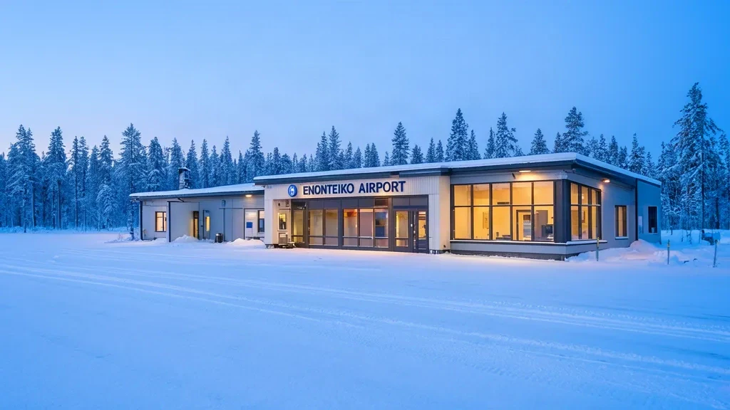 Basso edificio terminal dell'aeroporto di Enontekiö nella Lapponia finlandese circondato da foresta innevata e piazzale in crepuscolo invernale.