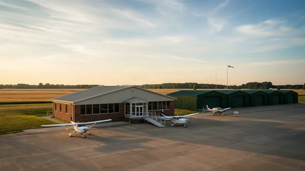 Edificio terminal, hangares en T y aeronaves ligeras estacionadas en la plataforma del Aeropuerto Municipal de Centralia, Illinois, al final de la tarde
