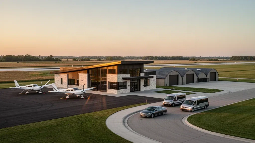 Petit terminal d'aéroport municipal et aire de trafic avec aéronefs légers et hangars près de Centralia, Illinois, à l'heure dorée