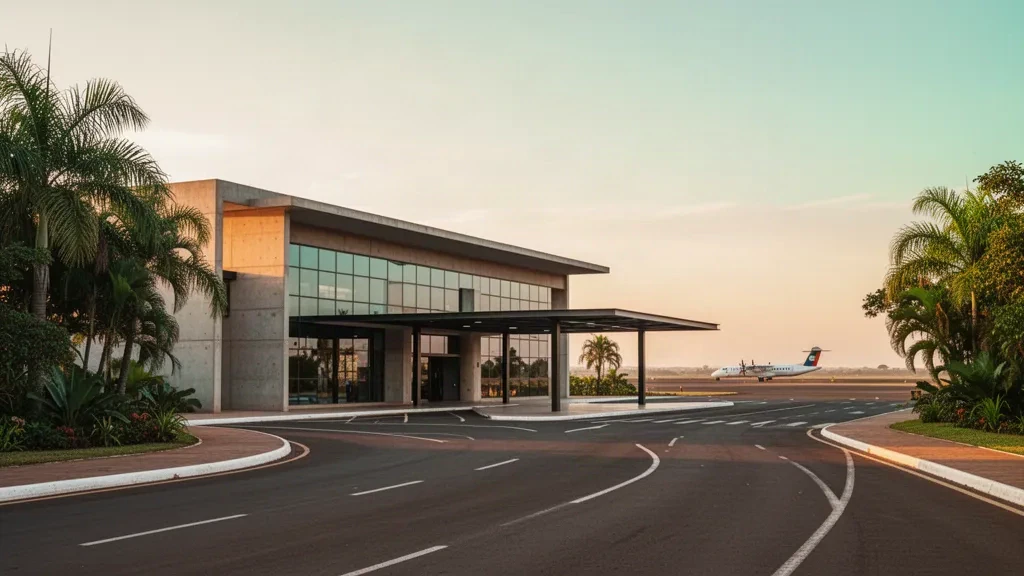 Esterno moderno del terminal dell'Aeroporto Internazionale Teniente Ramon A. Ayub Gonzalez a Encarnación, Paraguay, durante l'ora d'oro