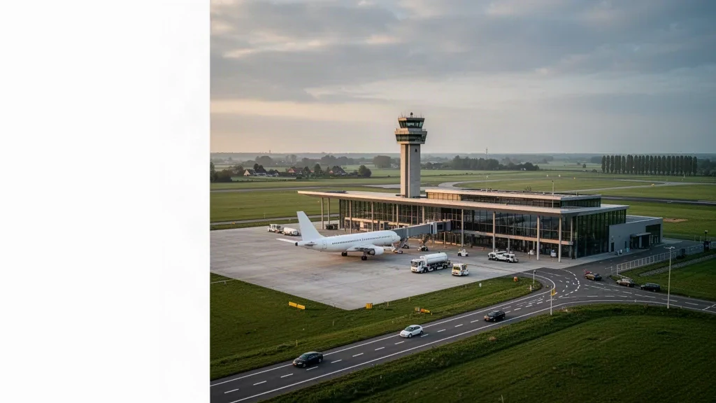 Terminal moderno in vetro, torre di controllo e piazzale con un aereo di linea parcheggiato all'aeroporto di Twente vicino a Enschede nei Paesi Bassi