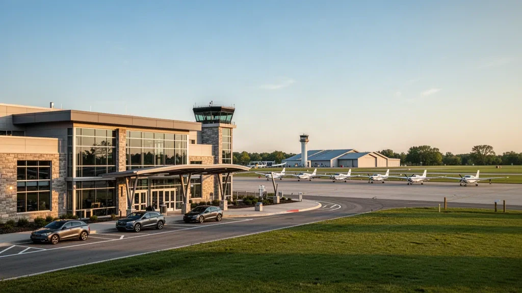 Modernes Terminal des Kenosha Regional Airport, Vorfeld und Leichtflugzeuge zur goldenen Stunde unter offenem Himmel von Wisconsin