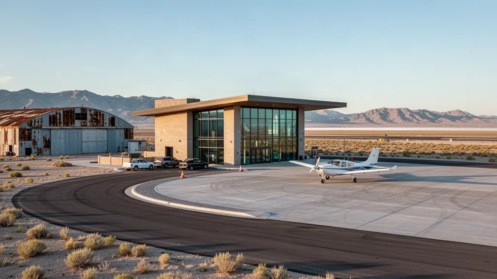 Vista durante la hora dorada de una terminal aeroportuaria moderna en el desierto, la plataforma y un hangar histórico cerca de Wendover, Utah, bajo montañas lejanas.