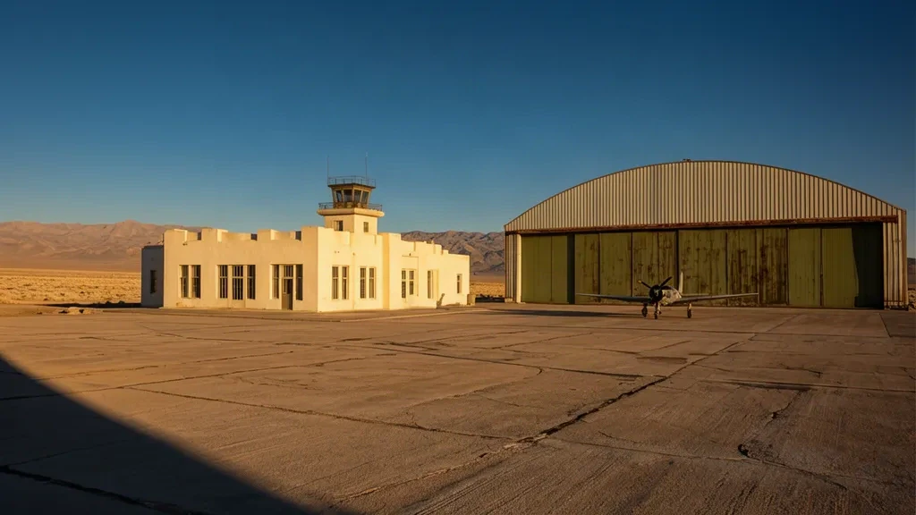 Terminal histórica y hangar de la Segunda Guerra Mundial en el Aeropuerto de Wendover ENV en Utah, en la plataforma del alto desierto con luz de finales de la tarde