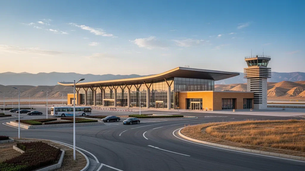 Terminal moderna de cristal y explanada curva del aeropuerto de Yan'an Nanniwan en Shaanxi, China, a la hora dorada con colinas de loess al fondo