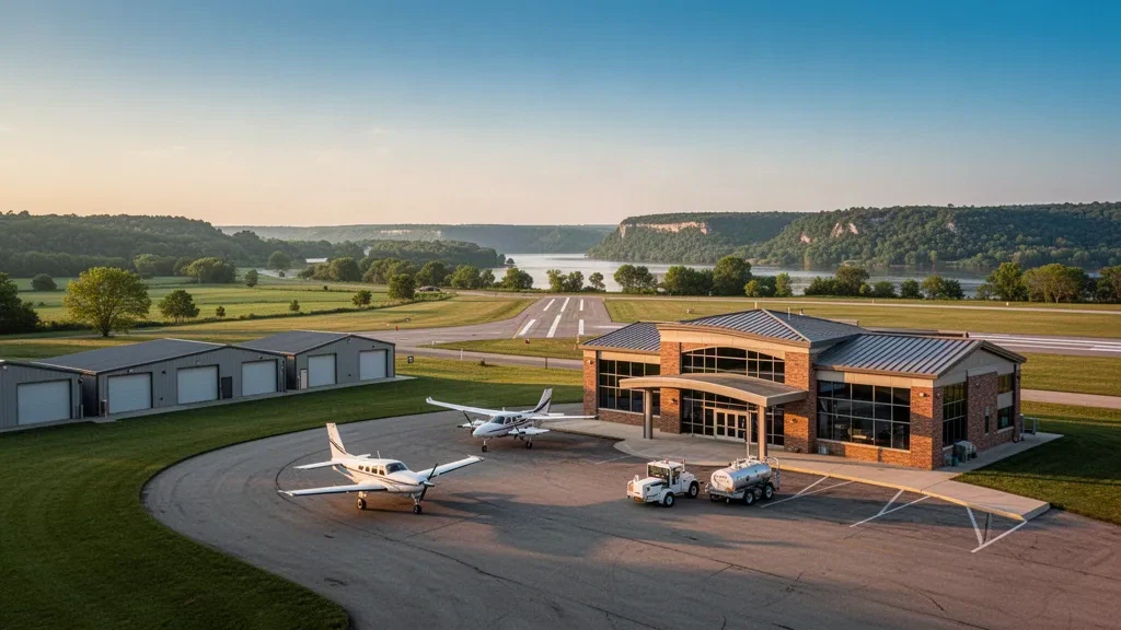 Golden hour view of the single-story terminal, hangars and light aircraft apron at Keokuk Municipal Airport in Iowa