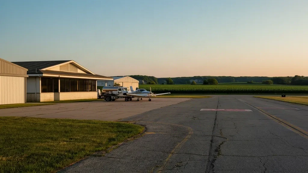 Small general aviation terminal, hangars and paved apron at Keokuk Municipal Airport in Iowa under late-afternoon Midwest light