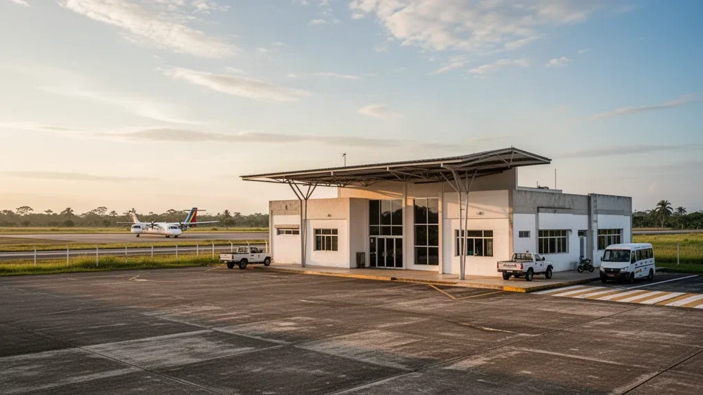 Small regional terminal and aircraft apron at Elorza Airport in Apure, Venezuela, under warm late-afternoon light