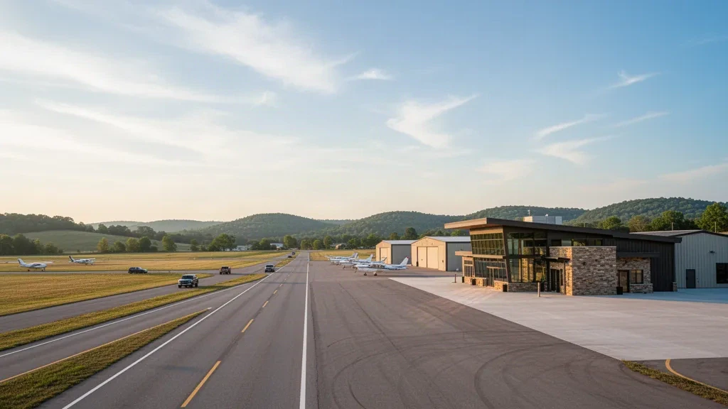 Aeropuerto Neosho Hugh Robinson en Misuri con una pequeña terminal de aviación general, hangares y pista bajo un amplio cielo del Medio Oeste.