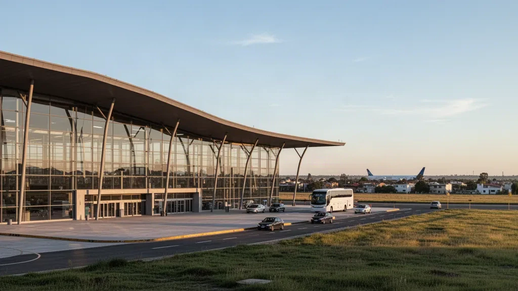 Exterior moderno de terminal de vidrio en el Aeropuerto El Palomar, en el Gran Buenos Aires, a la hora dorada, con carriles de descenso y un jet en la plataforma.