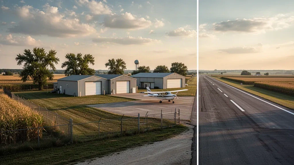Ruhiger ländlicher Landeplatz der allgemeinen Luftfahrt mit kleinen Hangars, einem Leichtflugzeug und Ackerland am Horizont zur goldenen Stunde in Nebraska