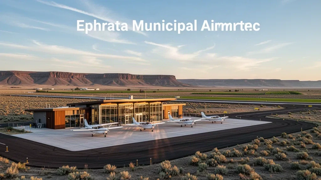 Terminal moderno e piazzale dell'Ephrata Municipal Airport nello stato di Washington, con aerei leggeri parcheggiati sotto l'ampio cielo del Washington orientale