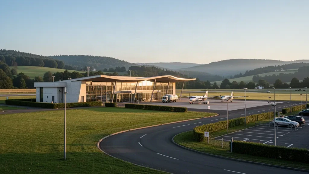 Moderno terminal in vetro e cemento con aeromobili leggeri sul piazzale dell'aeroporto di Epinal-Mirecourt nei Vosgi, illuminato dalla calda luce dell'ora d'oro.