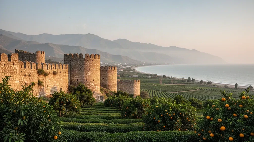 Mura in pietra della Fortezza di Lankaran sopra terrazze di tè subtropicali con il Mar Caspio e i Monti Talysh sullo sfondo, Azerbaigian