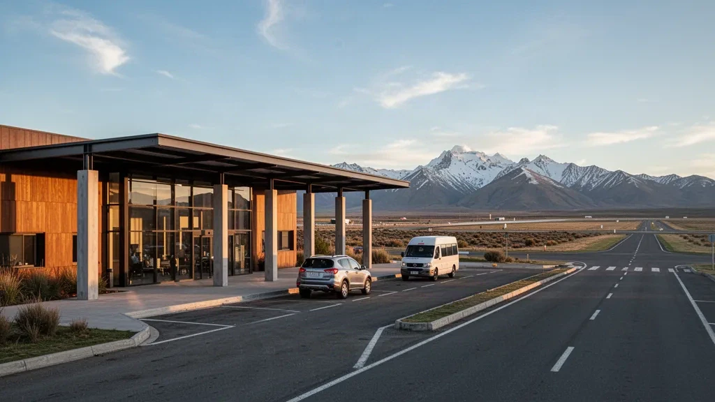 Exterior moderno de la terminal del Aeropuerto de Esquel en la Patagonia, Argentina, con montañas de los Andes y luz de hora dorada en la zona de descenso de pasajeros