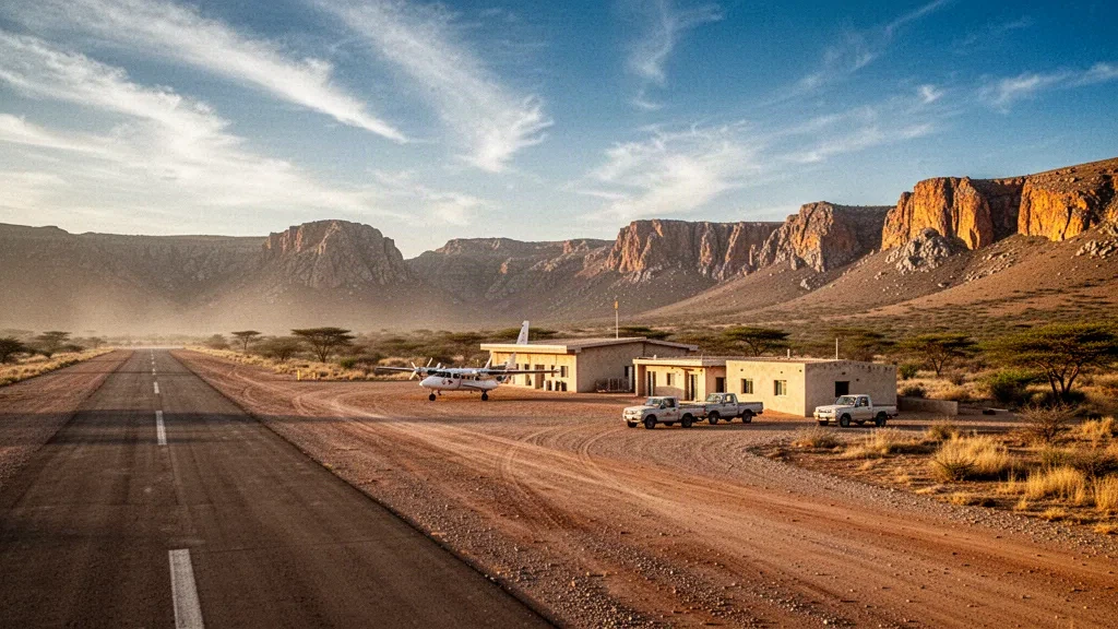 Petit terminal et piste en gravier à l'aéroport d'Erigavo sur un plateau sec des hautes terres du Sanaag dans une lumière chaude de fin d'après-midi