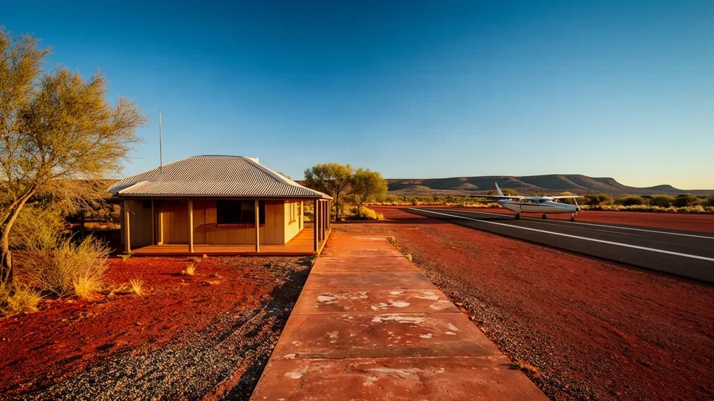Kleines abgelegenes Terminalgebäude am Flughafen Ernabella ERB im Outback von South Australia unter klarem blauem Himmel