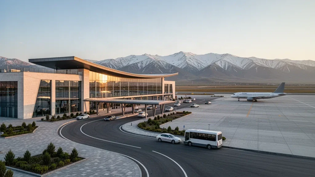 Modernes Terminal des Flughafens Erzincan mit Glasfassade, Vorfahrtspur und schneebedeckten Bergen zur goldenen Stunde in der Osttürkei