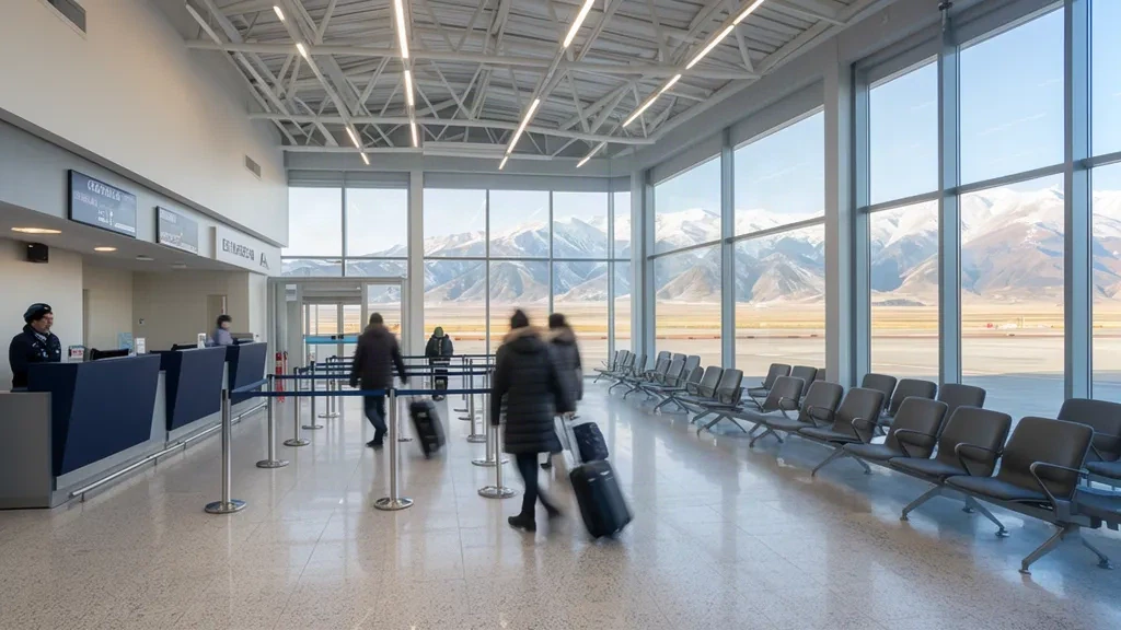 Helle Abflughalle am Flughafen Erzincan in der Osttürkei mit Check-in-Schaltern, Sitzgelegenheiten und schneebedeckten Bergen hinter hohen Fenstern