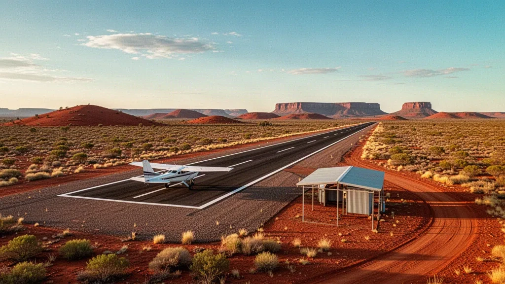 Piste d'atterrissage isolée dans le désert de l'Outback desservant l'aéroport d'Ernabella près de Pukatja dans les terres APY, avec un petit avion et un abri ombragé à l'heure dorée