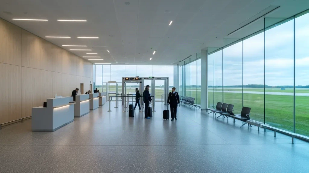 Interior de la terminal del aeropuerto de Pärnu EPU con mostradores de facturación y grandes ventanales en Estonia