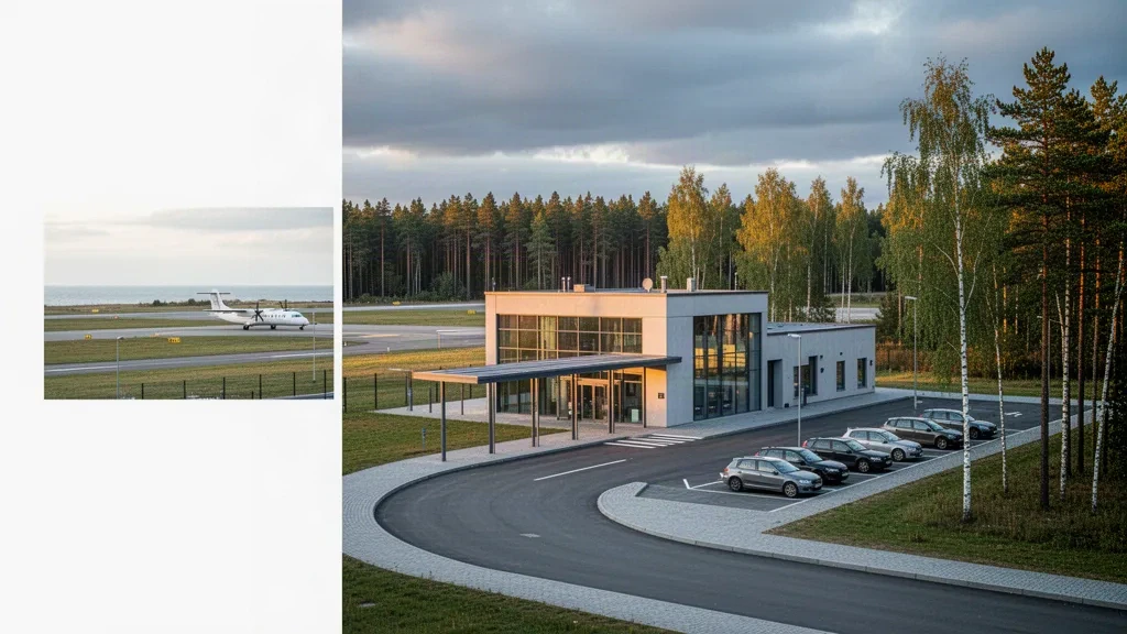 Estonya'daki Pärnu Havalimanı'nda modern cam terminal ve indirme şeridi, yumuşak Baltık gün ışığında kıyı çam ormanıyla çevrili