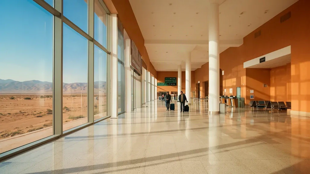 Interior of Moulay Ali Cherif Airport terminal in Errachidia, Morocco, with travelers and natural daylight.