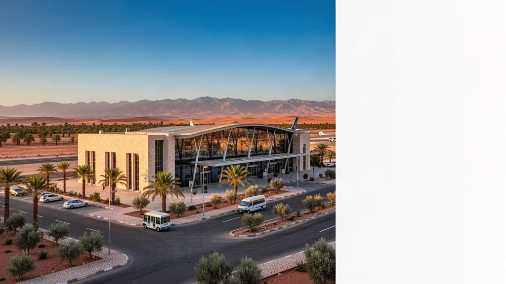 Extérieur du terminal moderne de l'aéroport Moulay Ali Cherif à Errachidia, au Maroc, avec des palmiers et des montagnes désertiques à l'heure dorée