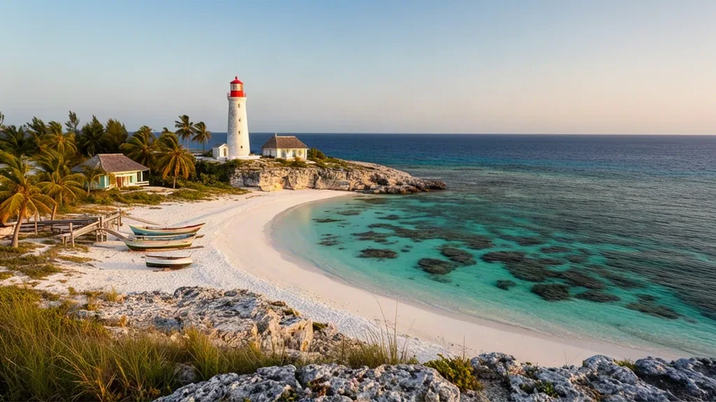 Costa atlantica turchese e spiaggia di sabbia bianca sull'isola di San Salvador, Bahamas, con il faro di Dixon Hill nell'ora dorata