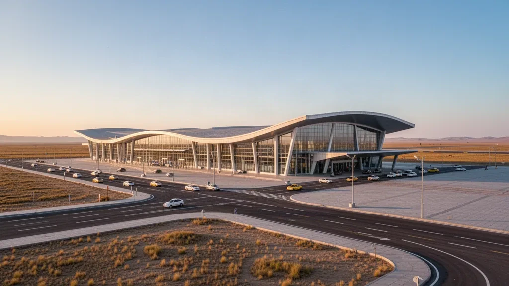 İç Moğolistan'daki Erenhot Saiwusu Uluslararası Havalimanı'nda altın saatlerde modern cam terminal ve yolcu indirme şeritleri