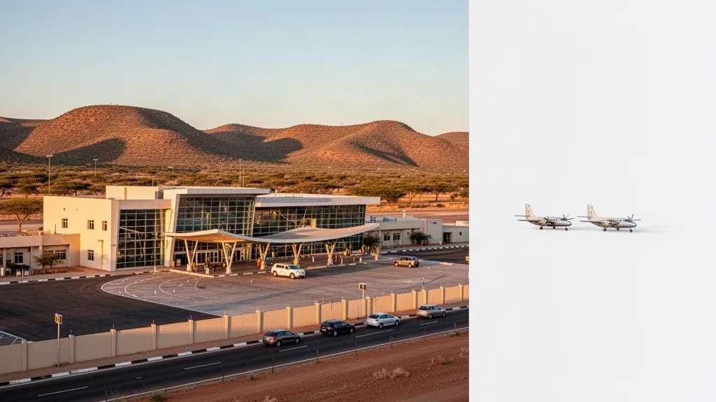 Namibya'nın Windhoek kentindeki Eros Havalimanı'nda altın saatlerde hafif uçaklar ve kurak yayla tepeleriyle modern terminal ve apron.