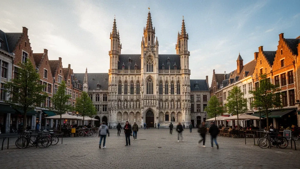 Hôtel de ville de Louvain et place Grote Markt dans le Brabant flamand, en Belgique, dans une lumière chaude de fin d'après-midi