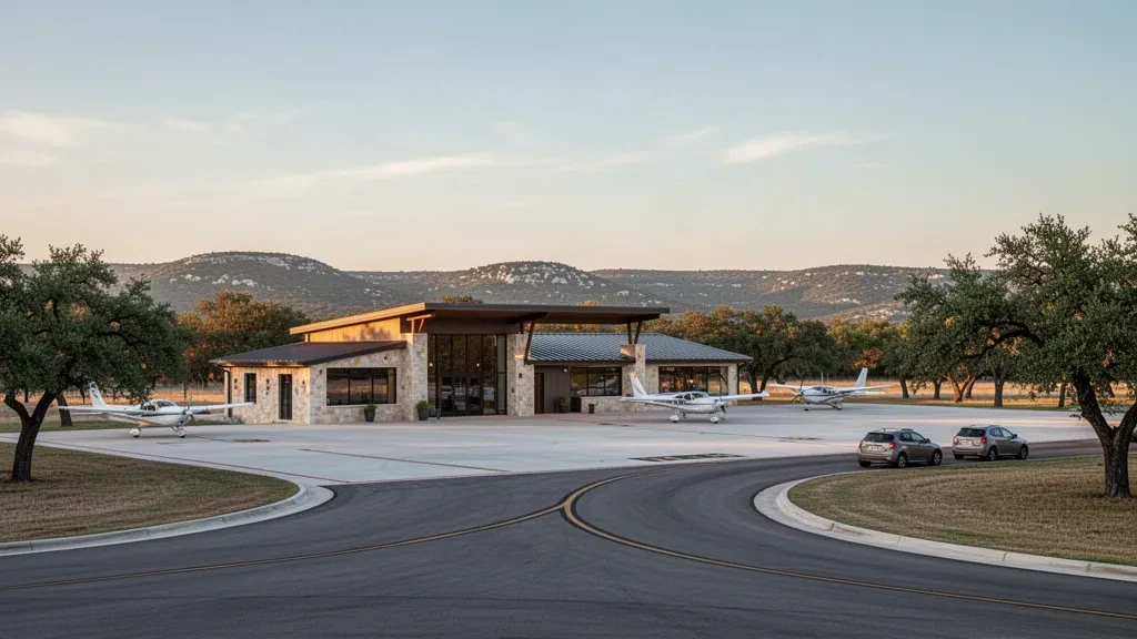 Pequeña terminal de aviación general y plataforma en Louis Schreiner Field de Kerrville con colinas de Texas Hill Country en la hora dorada