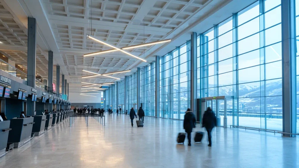 Bright interior of Erzurum International Airport terminal with check-in desks, high ceiling and winter daylight through large glass walls