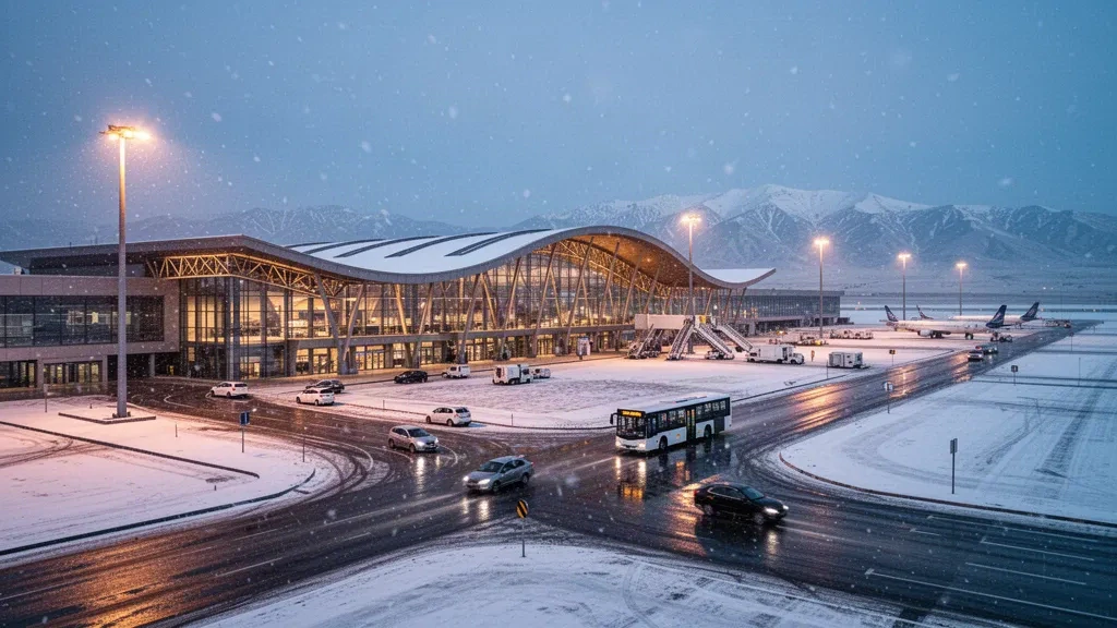 Modernes Terminal des Flughafens Erzurum in der Abenddämmerung mit schneebedecktem Vorplatz, Flugzeugen auf dem Vorfeld und schneebedeckten Bergen in der Ferne