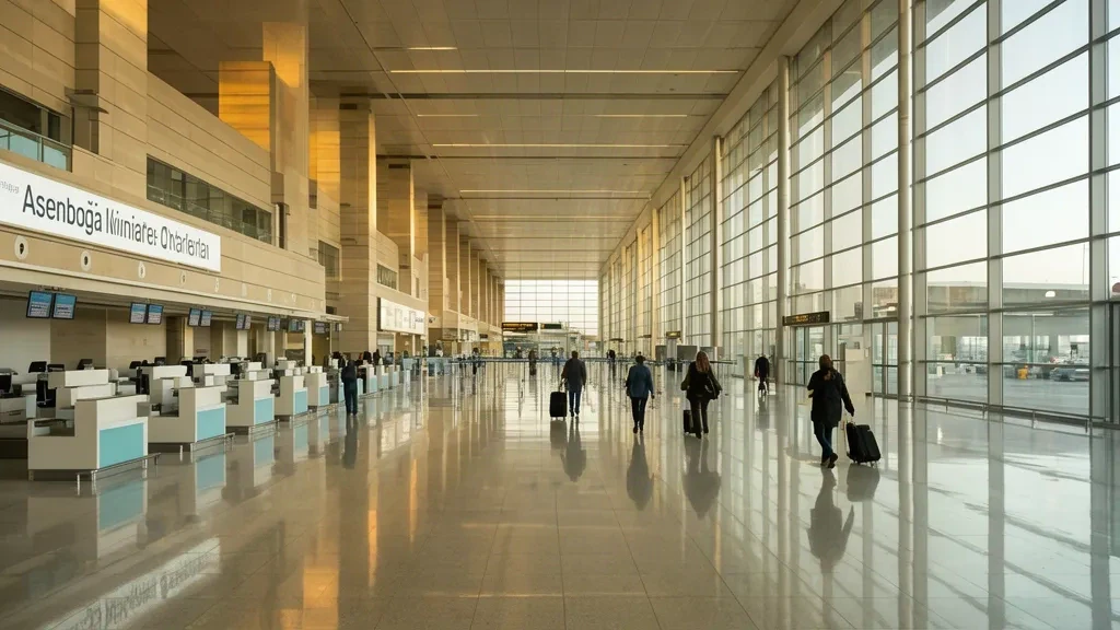Viajeros con equipaje caminan por la moderna sala de salidas del Aeropuerto Internacional Esenboğa en Ankara, Turquía.