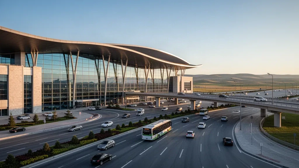 Ankara'daki Esenboğa Uluslararası Havalimanı'nda sıcak altın saat ışığı altında modern cam terminal ve yükseltilmiş yolcu indirme şeritleri