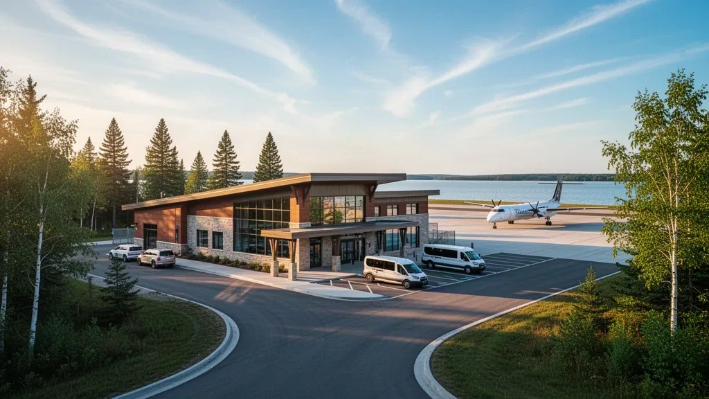 Außenansicht des Terminals am Delta County Airport in Escanaba, Michigan, mit einem Regionaljet auf dem Vorfeld und Kiefern des Nordens im goldenen Licht