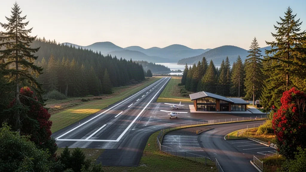 Inselflugplatz mit einer einzigen Start- und Landebahn nahe Eastsound auf Orcas Island, Washington, umrahmt von immergrünem Wald und weichem Licht zur goldenen Stunde.